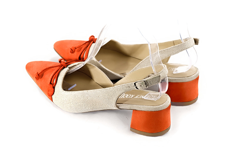 Clementine orange and natural beige women's open back shoes, with a knot. Tapered toe. Low flare heels. Rear view - Florence KOOIJMAN